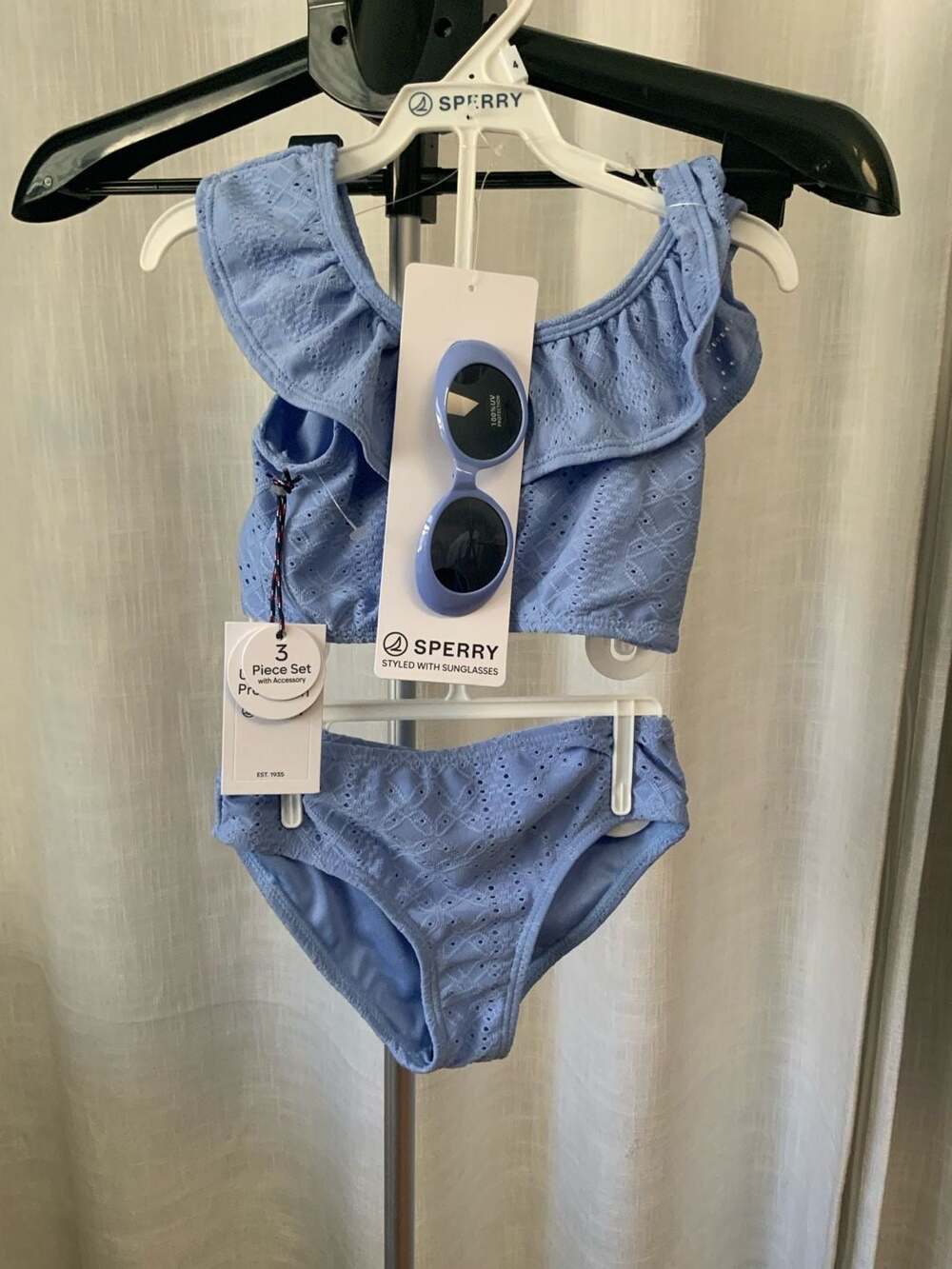 Sperry Swimsuit Set Girls Size 4 Blue Ruffle Eyelet Bikini